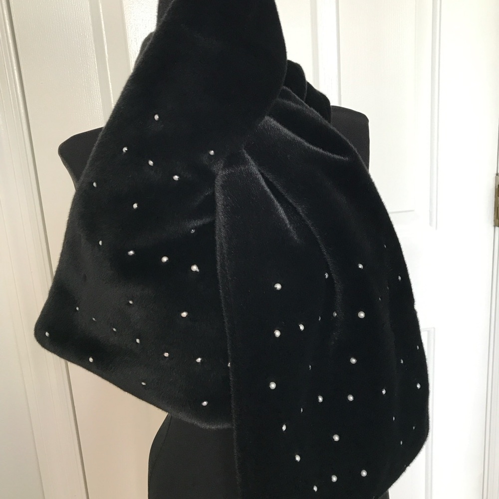Karl Lagerfeld Black Faux Fur Scarf with Pearl Accents